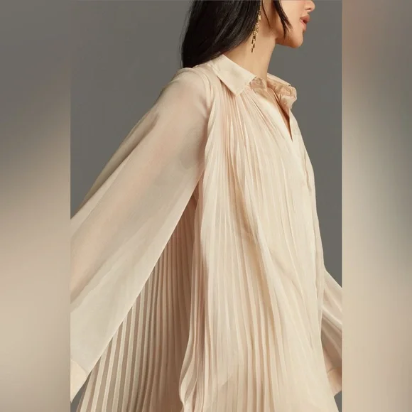 NWT Anthropologie Cream Pleated Stylish Shirt Like Mini Dress Women’s LP - Picture 4 of 16